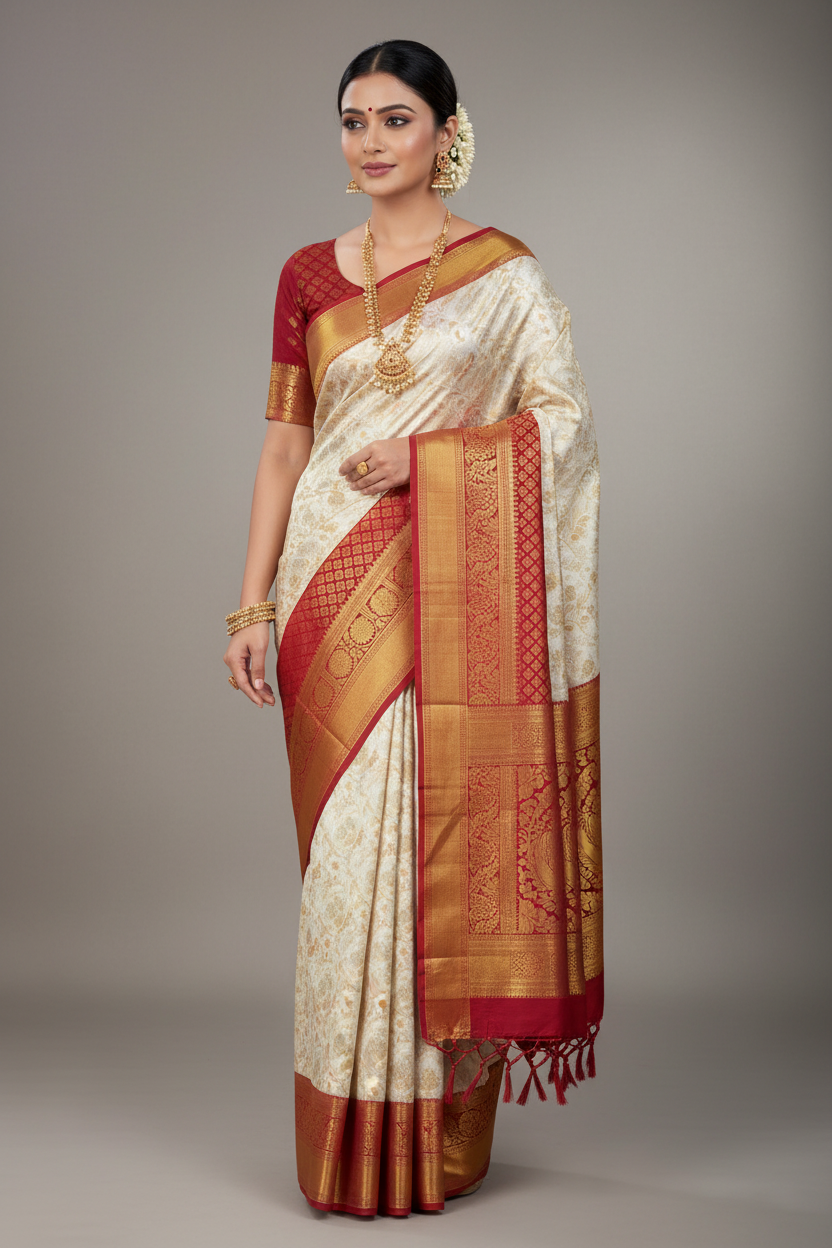 Grand Wedding Silk Saree with Zari Butta and Golden Pallu - Handloom Pure Silk -FP120KuWedding
