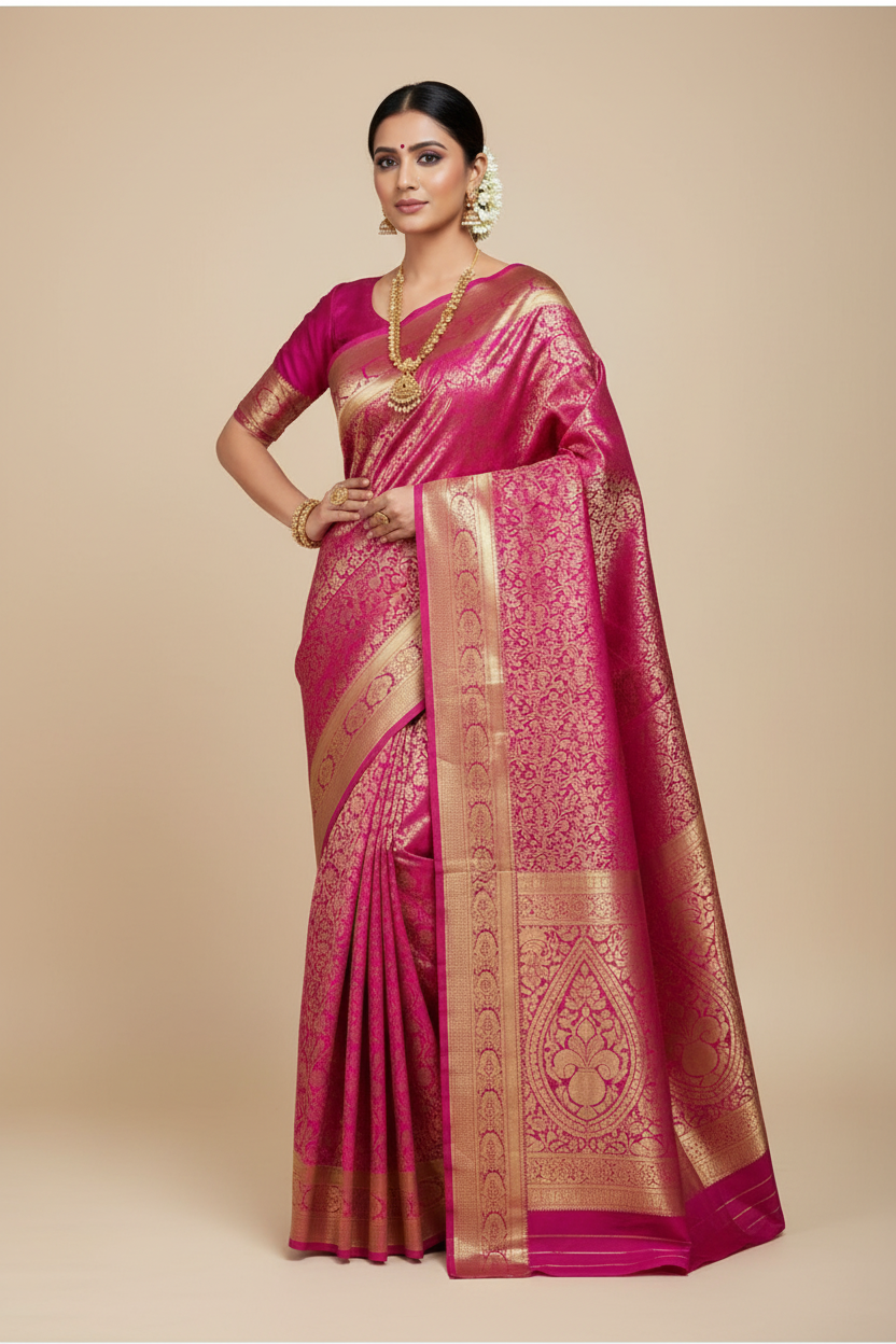 Tissue & Full Zari Wedding Silk Sarees - More Fancy Zari Butta All Over Saree With Very Rich Zari Pallu - FP85KuWedding